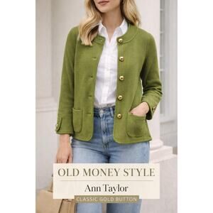 Ann Taylor Olive Green Knit Cardigan Jacket Gold Button Size Small